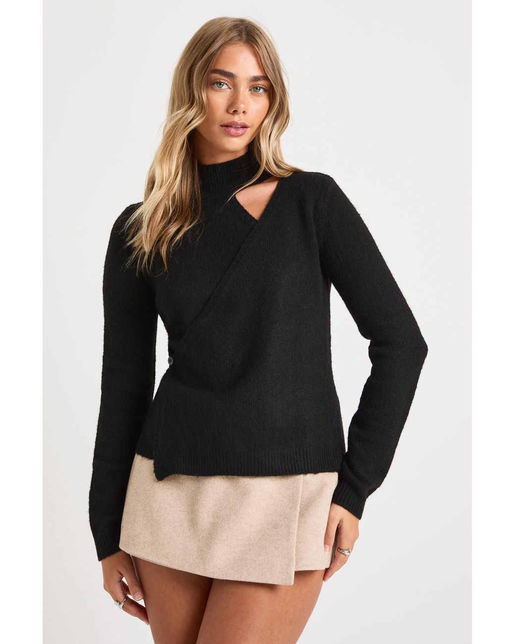 Boohoo Black Wrap Detail High Neck Knitted Jumper