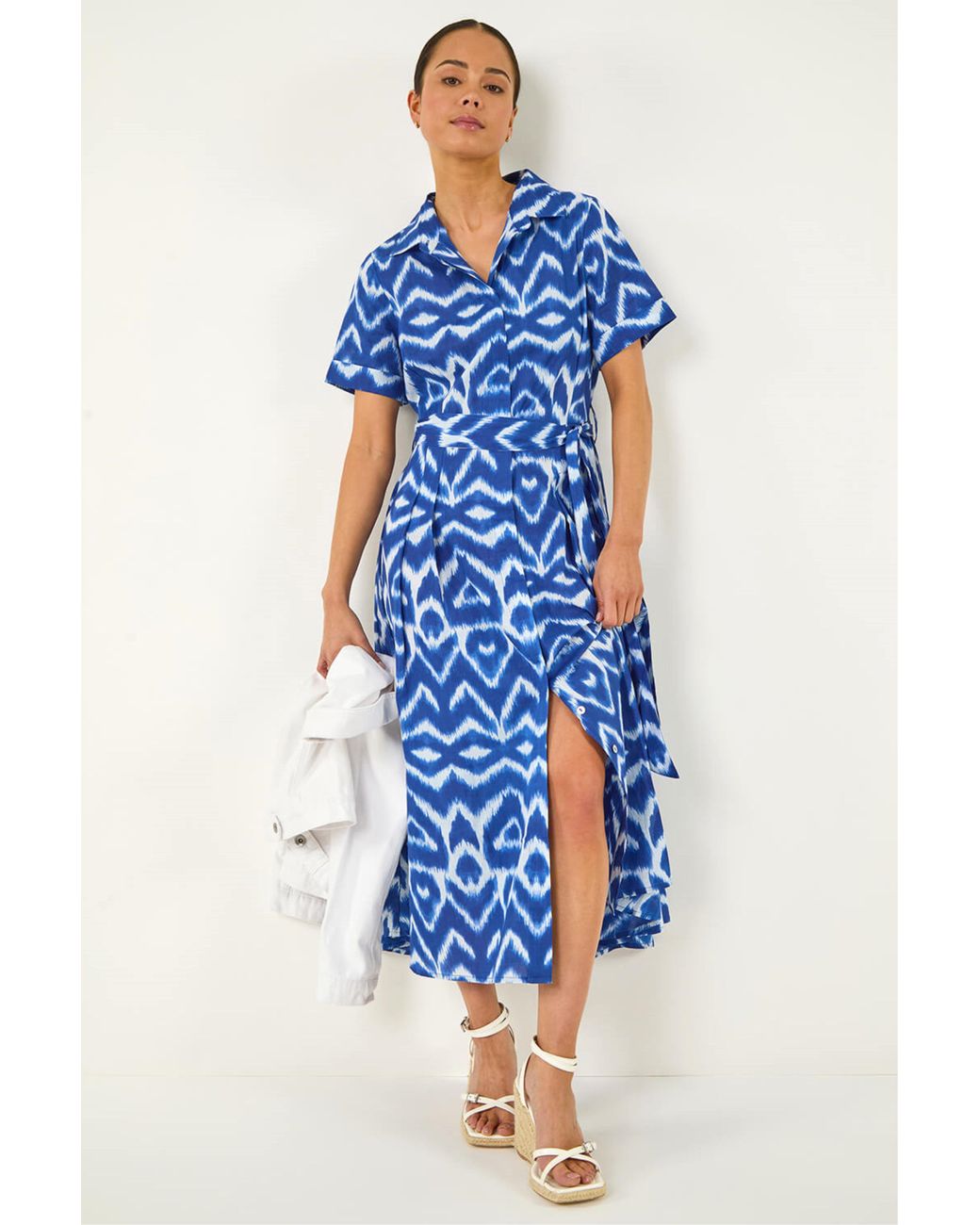 Roman Blue Petite Stripe Tie Waist Shirt Dress