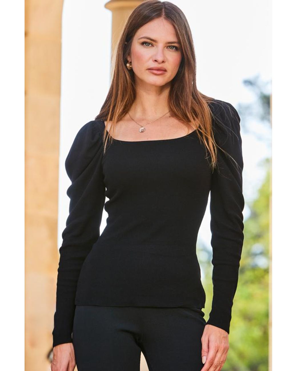 Sosandar Black Square Neck Puff Sleeve Jumper