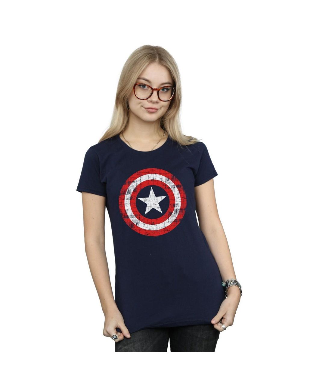 Marvel Blue Ladies Avengers Captain America Scratched Shield Cotton T-Shirt