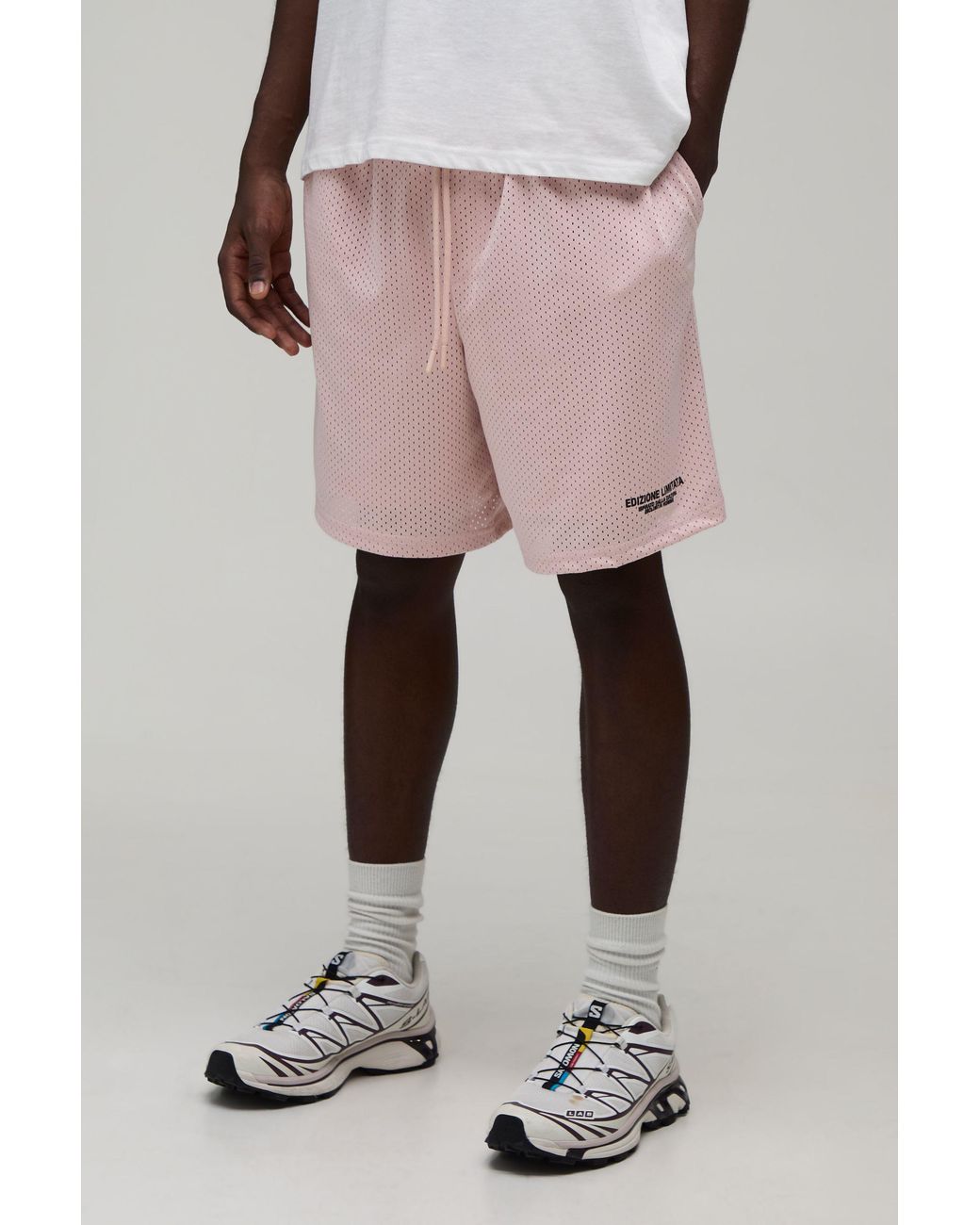 BoohooMAN Pink Baggy Fit Printed Mesh Jersey Short for men