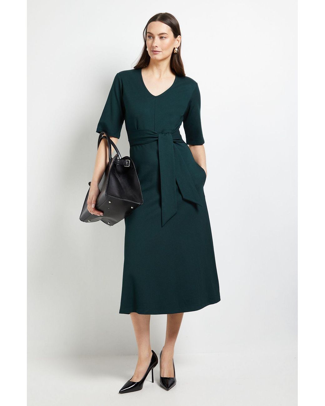 PRINCIPLES Blue V Neck Belted Ponte Midi Dress