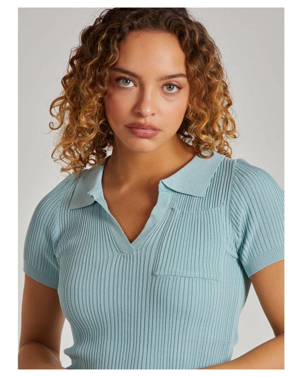 Pink Vanilla Blue Knitted Rib Polo Top