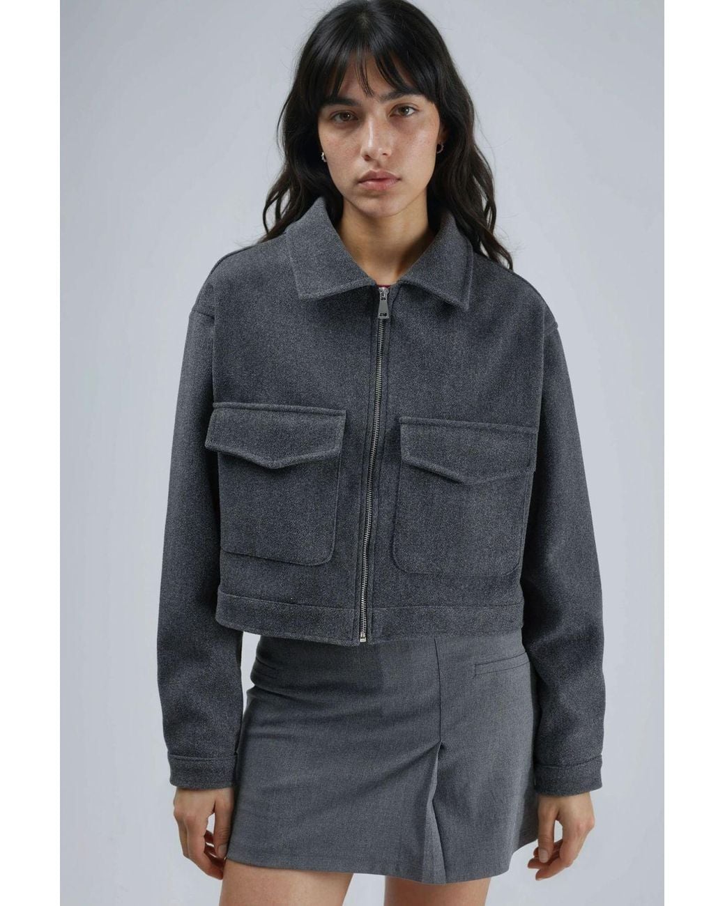 Busem Gray Crop Gabardine Jacket With Zipper And Pocket