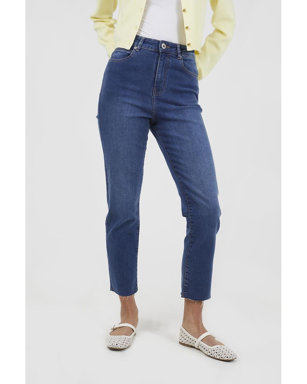 Brave Soul Blue Mid High Waist Raw Hem Mom Jeans Cotton