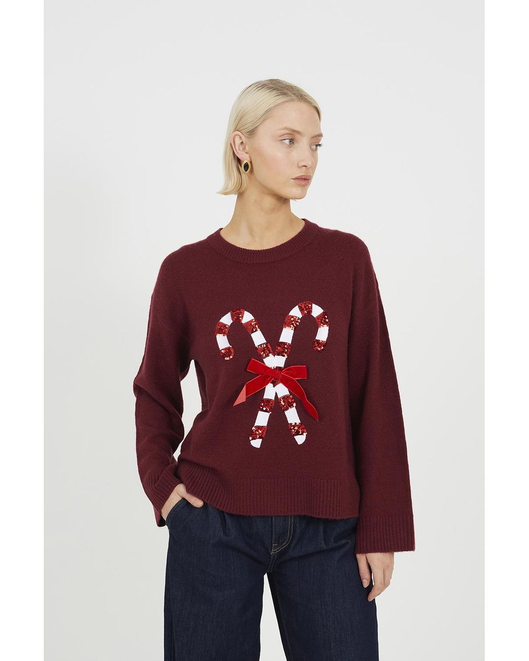Brave Soul Red Crew Neck Sequin Graphic Christmas Jumper