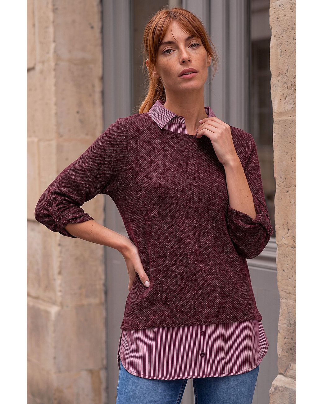 Roman Brown Textured Snit Mock Shirt