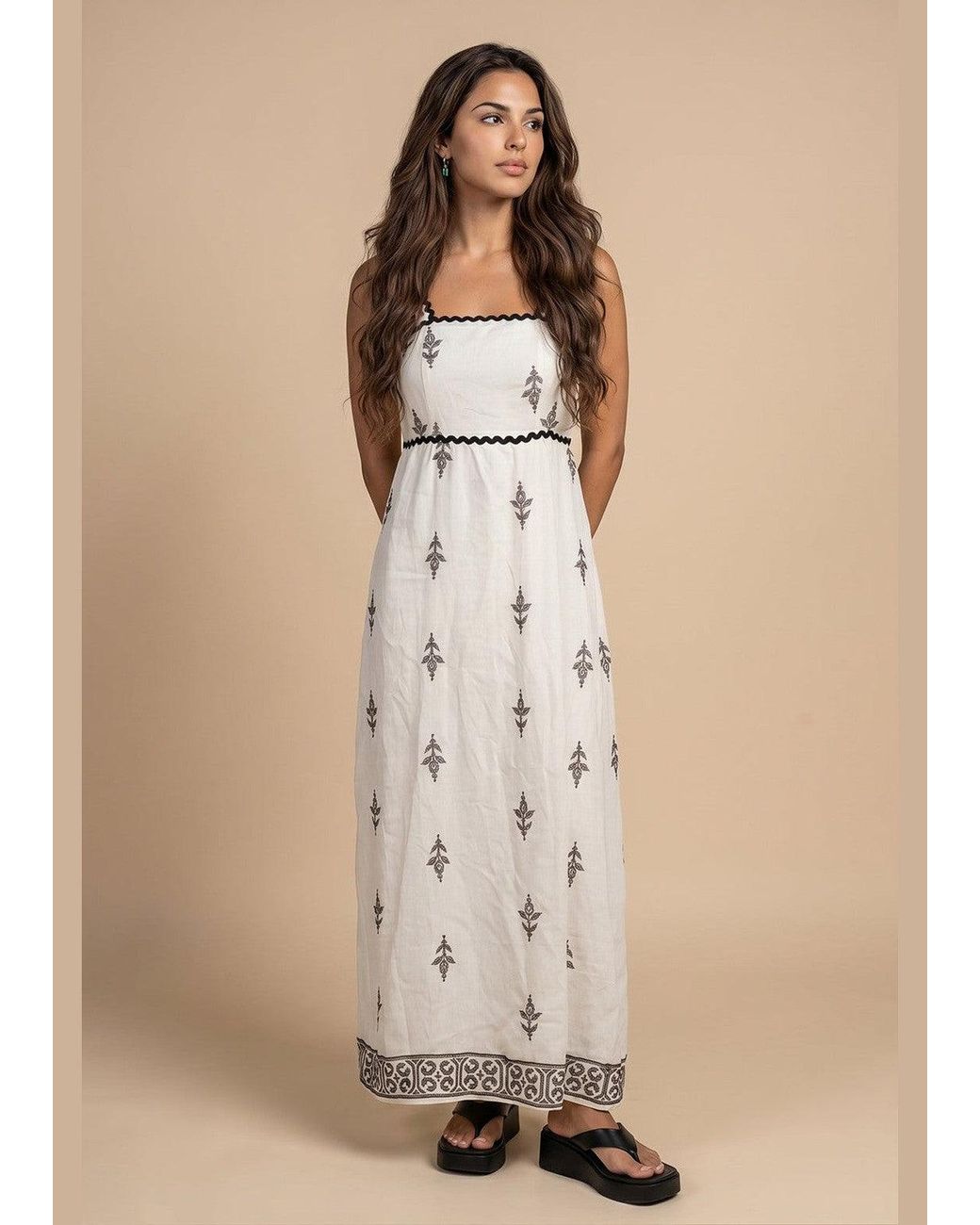 Urban Bliss Natural Embroidered Contast Trim Maxi Dress