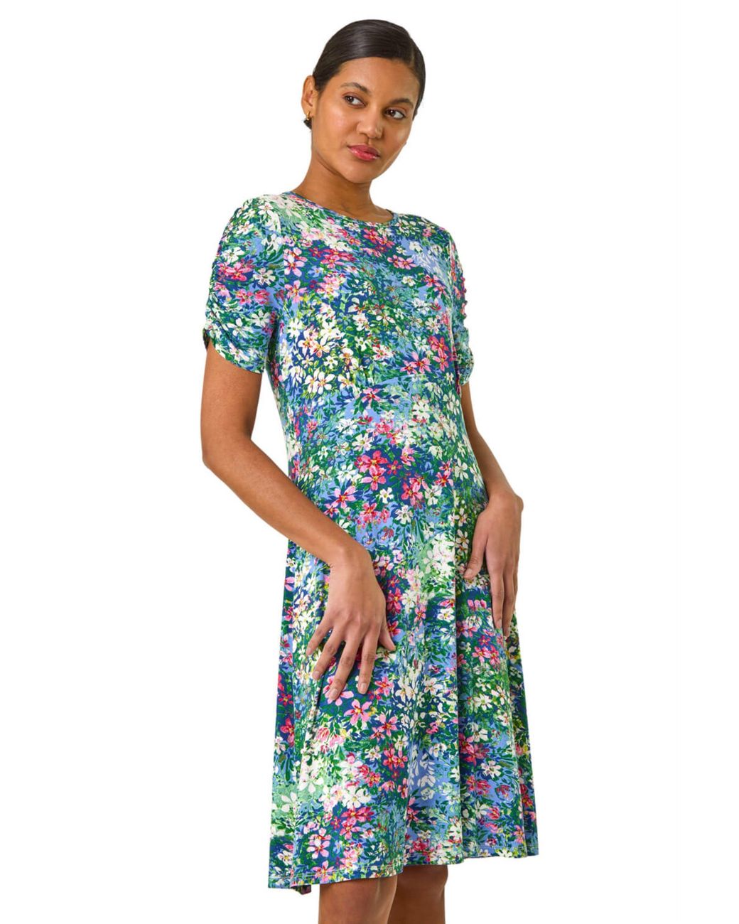 Roman Blue Ditsy Floral Print Stretch Short Dress