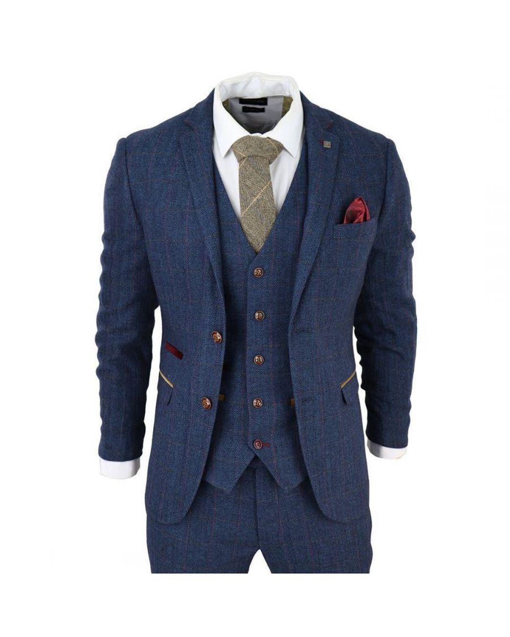 Paul Andrew Blue Tweed Check 3-Piece Suit for men