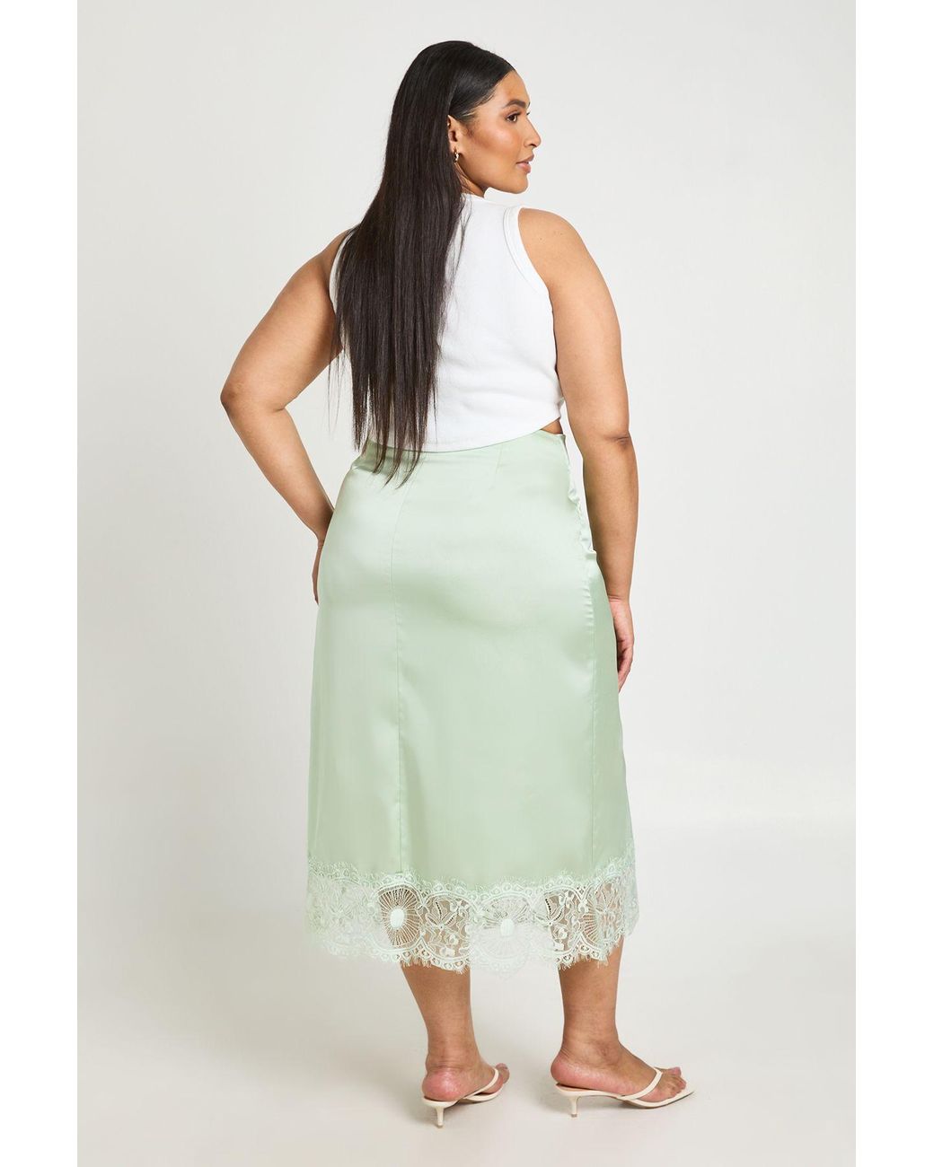 Boohoo Green Pluse Satin Lace Trim Midaxi Skirt