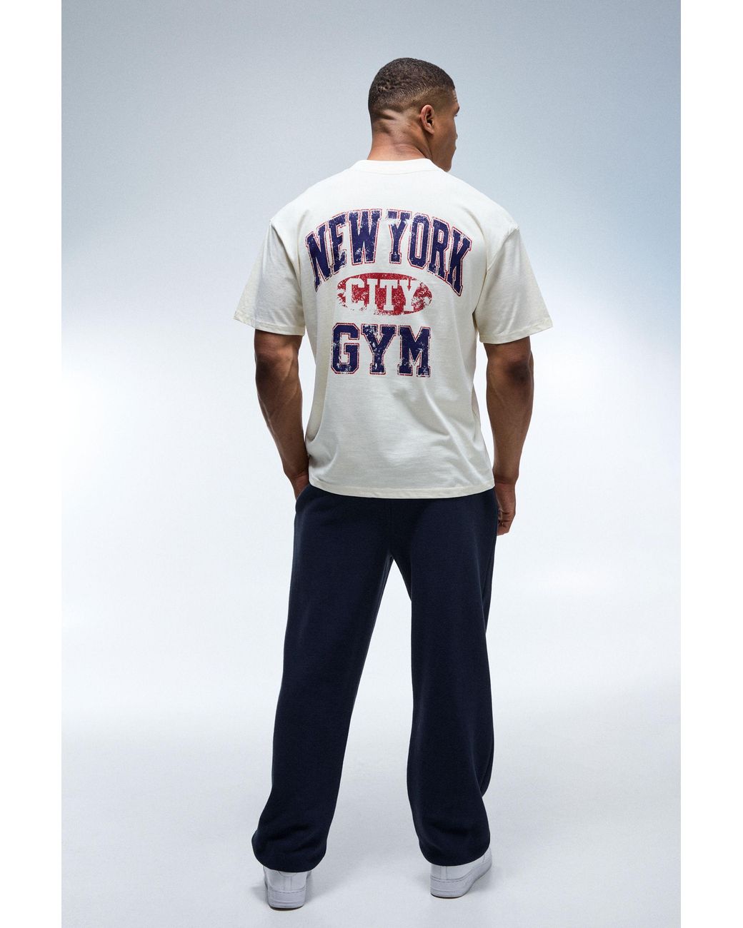 BoohooMAN Gray Active New York City Gym Oversized Extended Neck T-Shirt for men