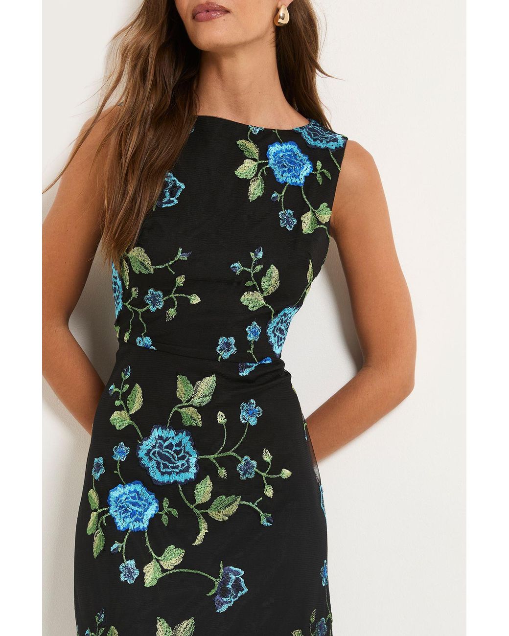 Wallis Blue Floral Embroidered Mesh Fit & Flare Midi Dress