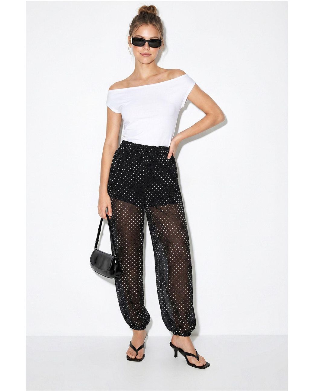 Bianco Lucci White Polka Dot Chiffon Jogger Pants
