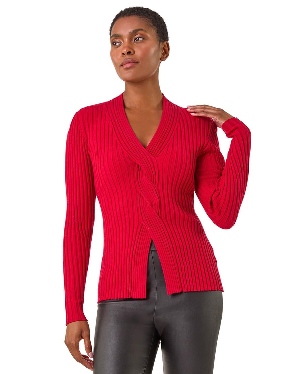 Roman Red Cable Split Detail Rib Jumper