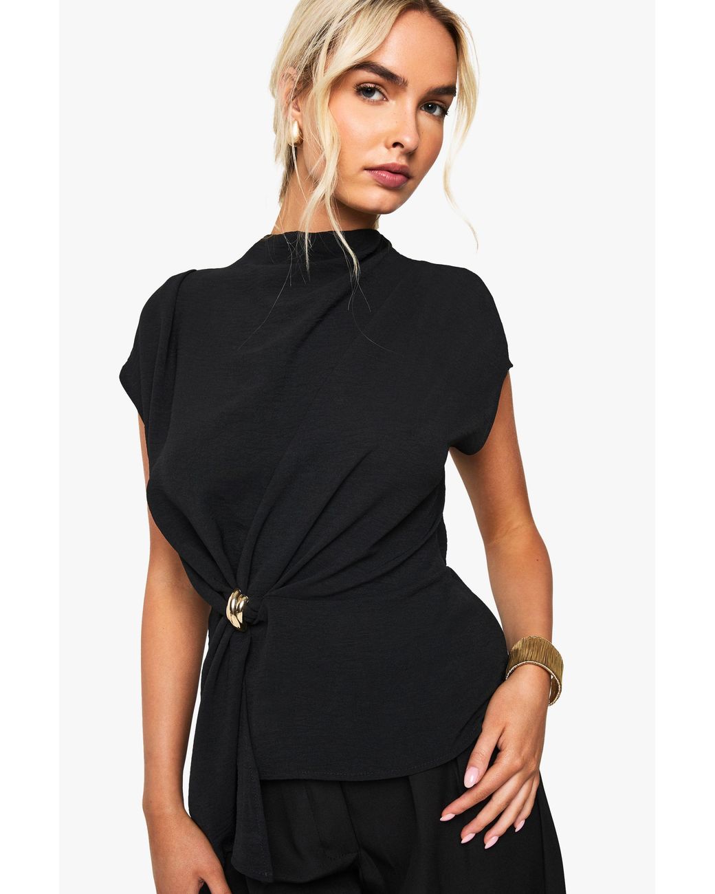 Boohoo Black Hammered Trim Cowl Neck Blouse