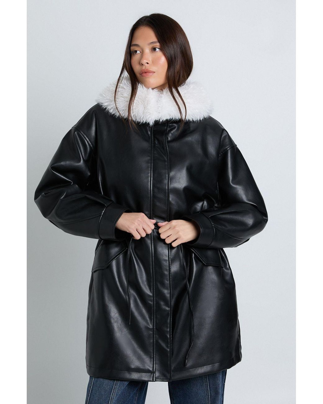 Boohoo Black Fur Collar Pu Jacket