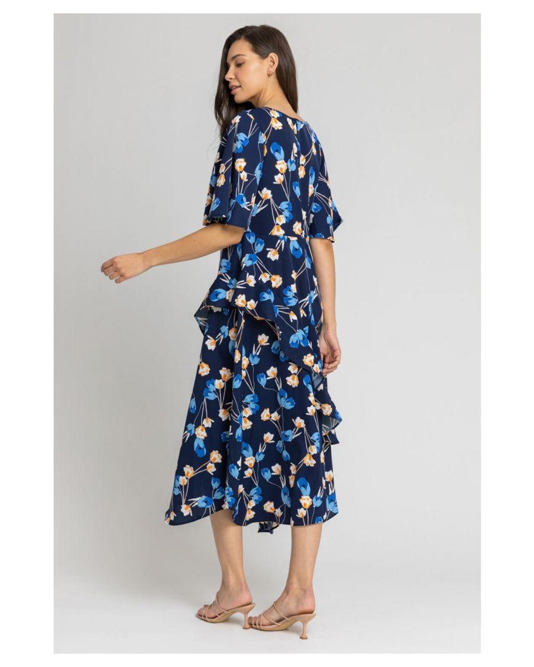 Roman Blue Floral Print Chiffon Midi Dress
