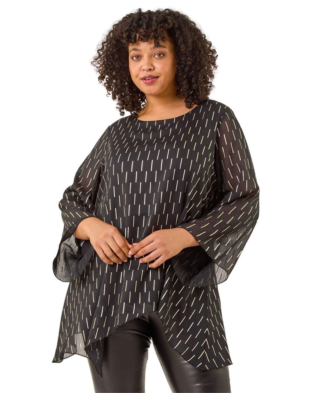 Roman Black Curve Chiffon Overlay Foil Top