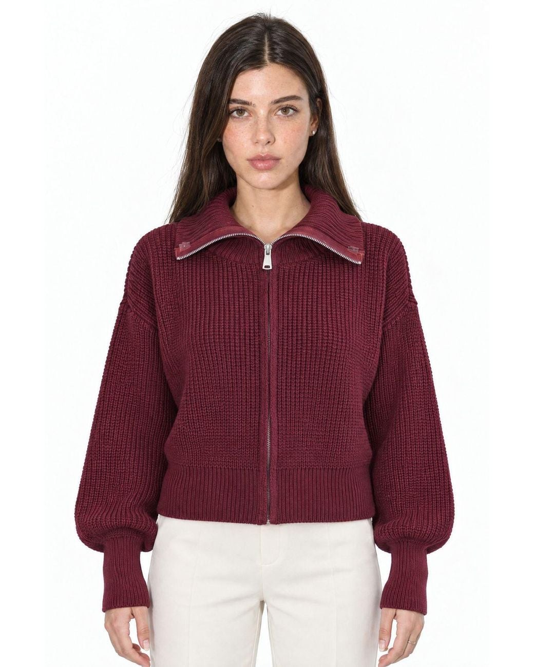 Viorna Red Cropped Ribbed Zip Cardigan