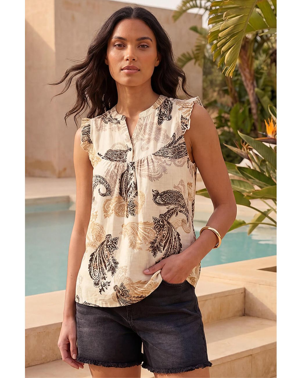 Roman Brown Paisley Frill Slv To
