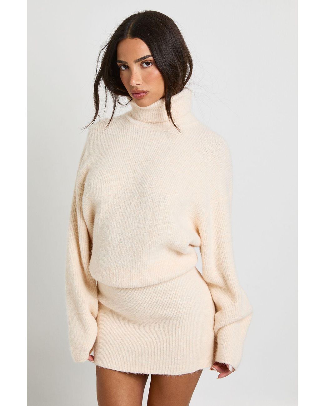 Boohoo Natural Petite Cinched Hem High Neck Knitted Mini Dress