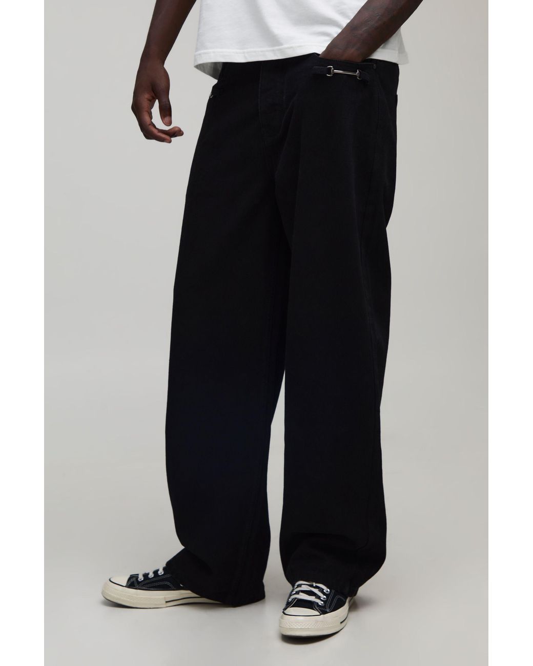 BoohooMAN Black Washed Relaxed Fit Buckle Detail Jeans for men