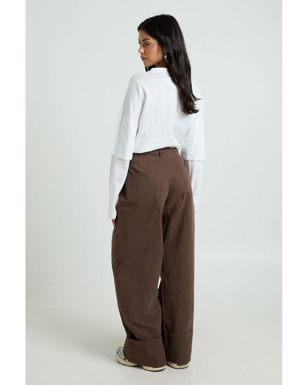 Boohoo Brown Turn Up Hem Twill Wide Leg Trousers