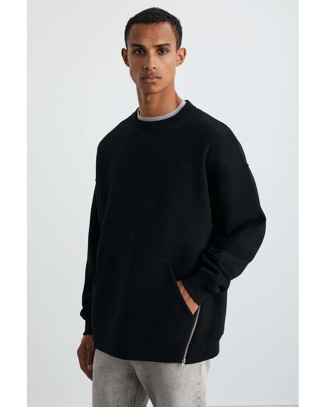 Grimelange Black Crew Neck Zip Pocket Sweatshirt for men