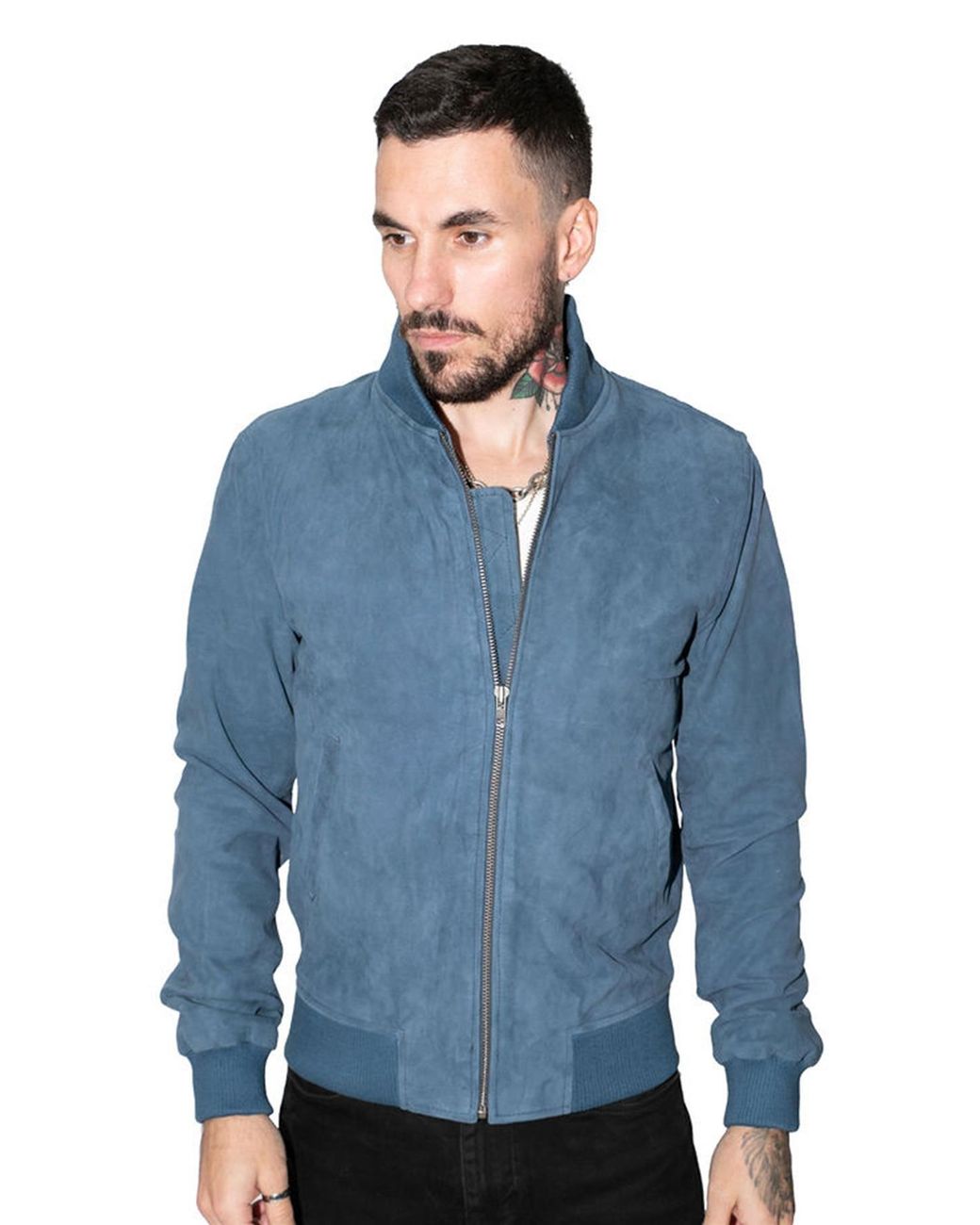 Infinity Leather Blue Retro Goat Suede Varsity Bomber Jacket-Athens for men