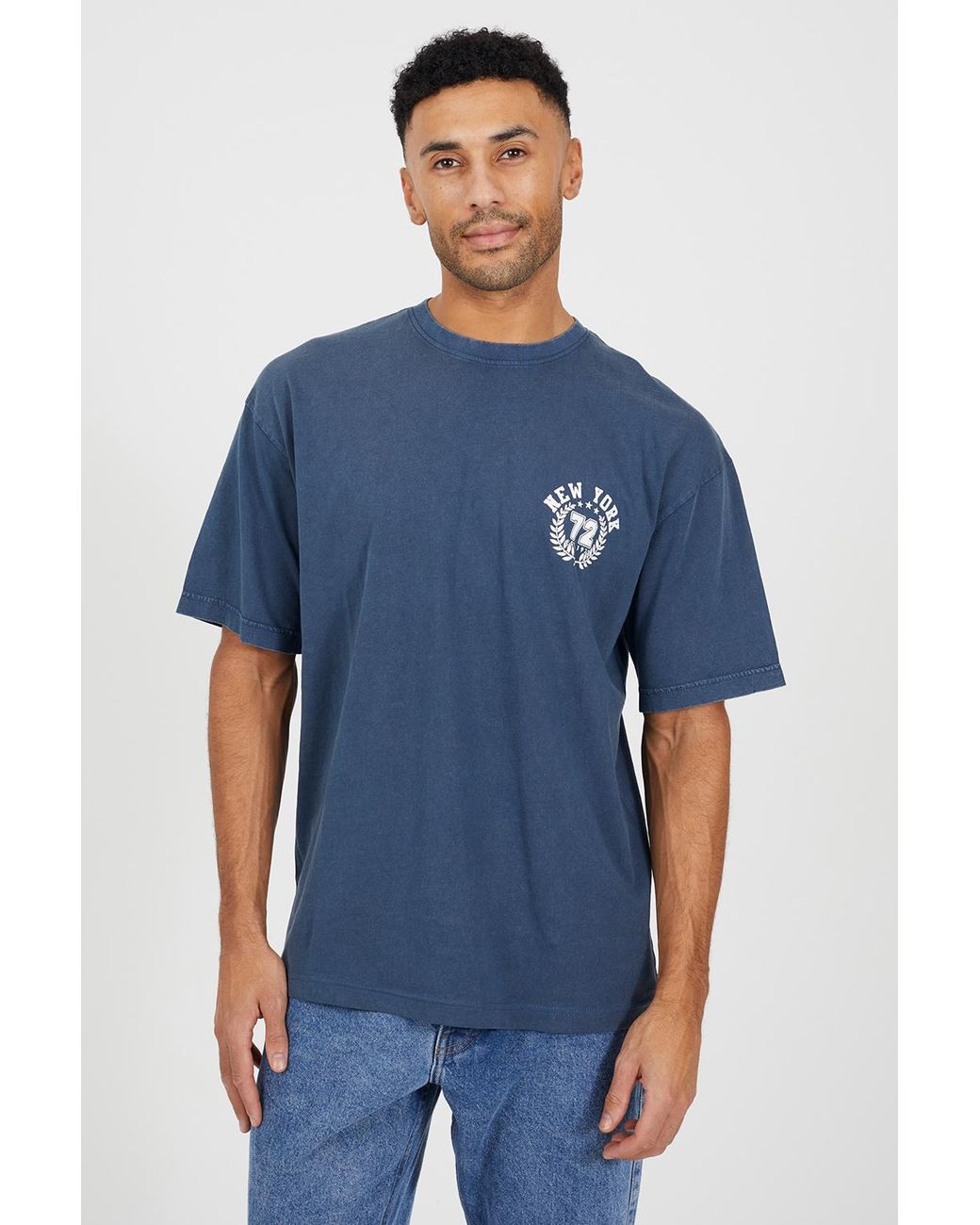 Brave Soul Blue Cotton Acid Wash Crew Neck Graphic T-Shirt for men