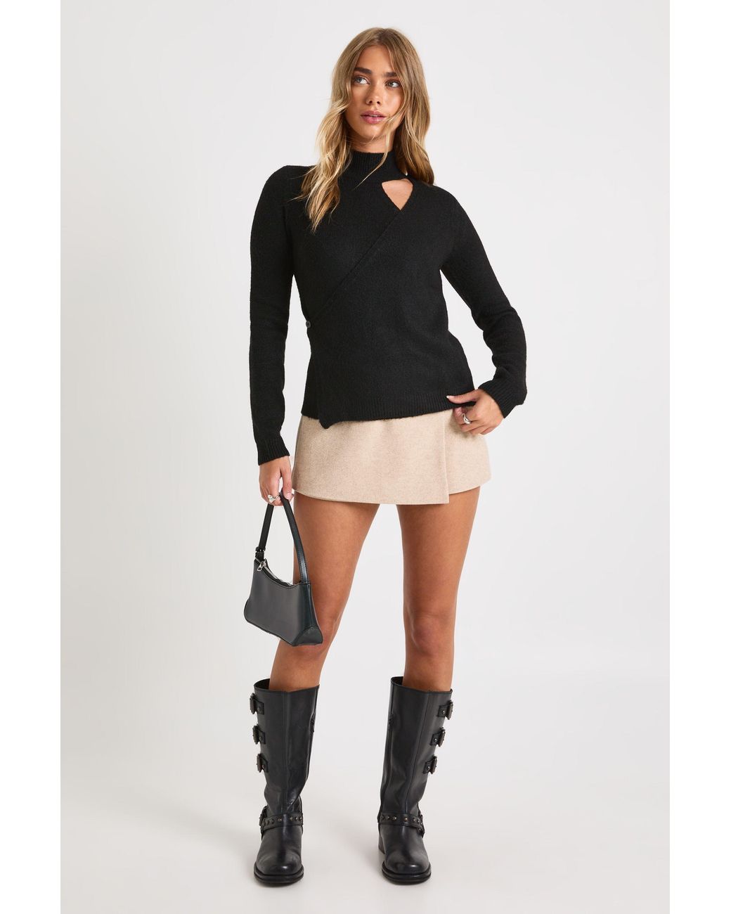 Boohoo Black Wrap Detail High Neck Knitted Jumper