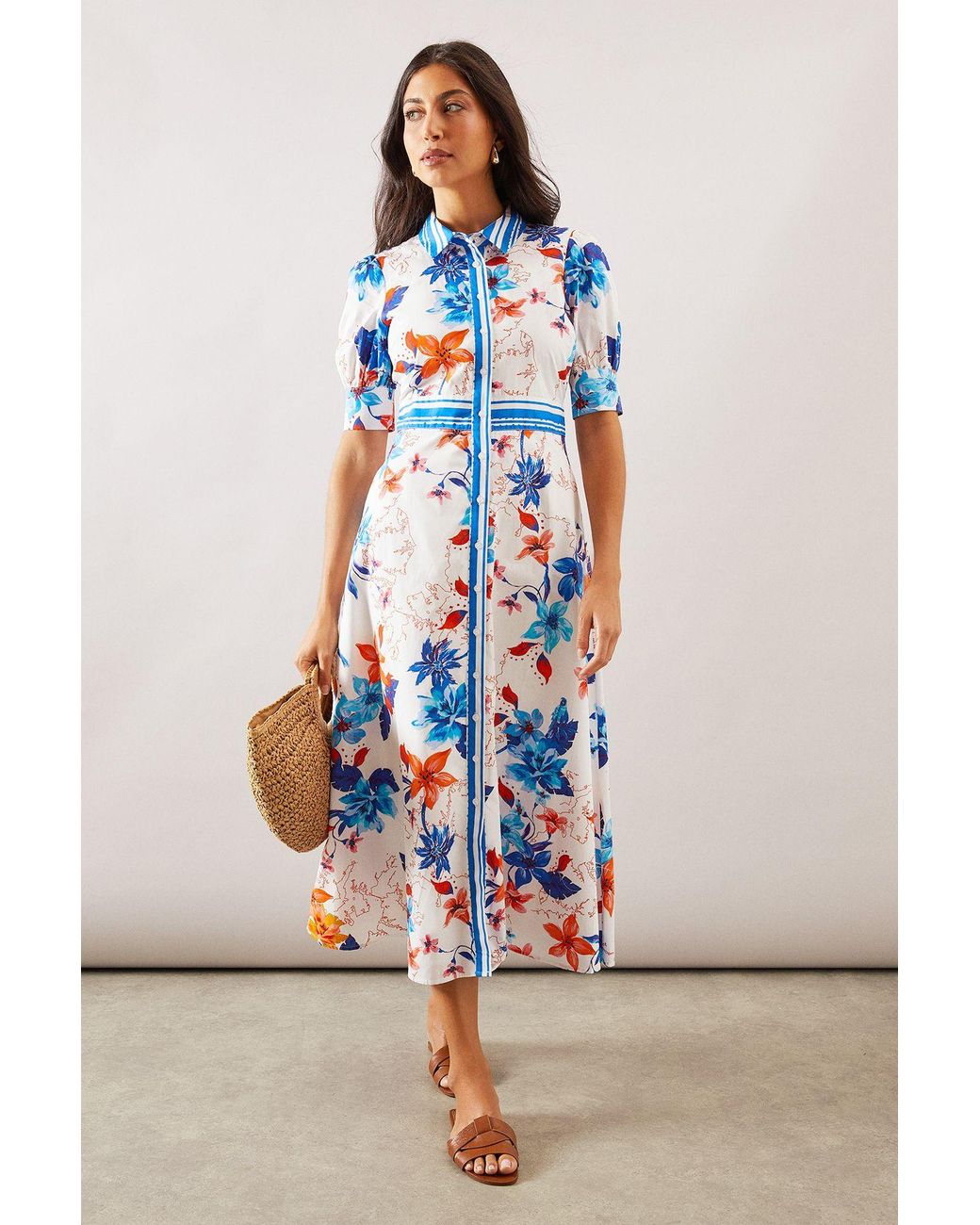 Wallis White Floral Print Button Midi Shirt Dress