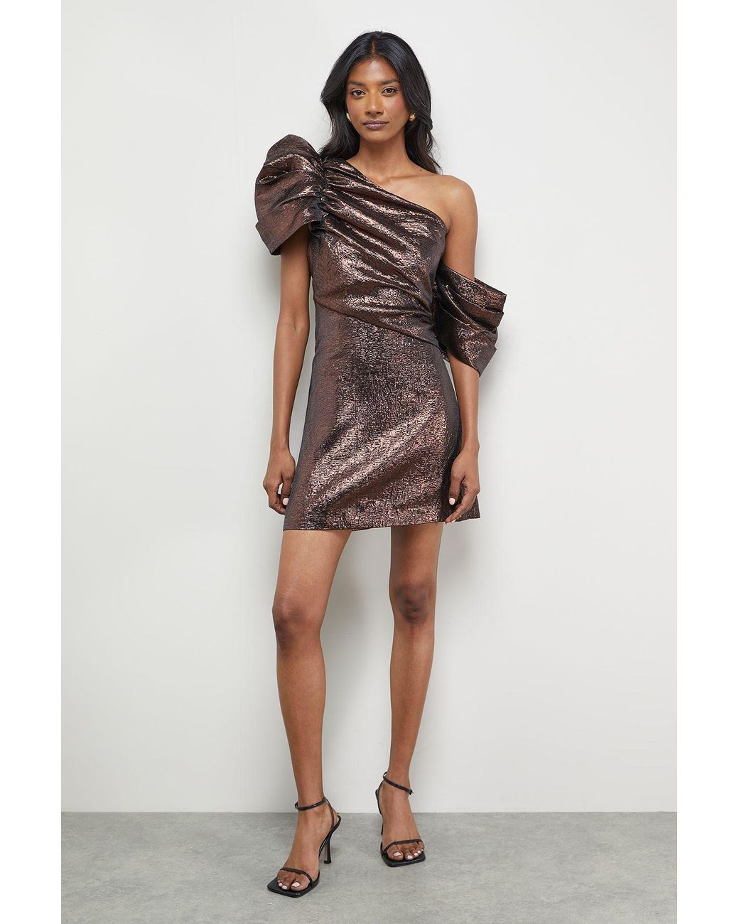 Oasis Brown Metallic Jacquard Fallen Shoulder Mini Dress