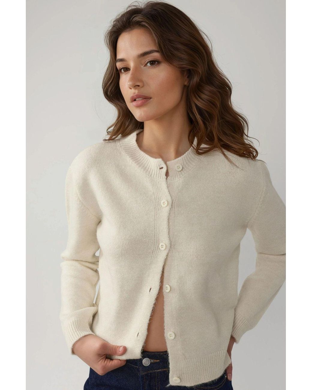 Hiccup Natural Crew Neck Knitwear Soft Touch Cardigan