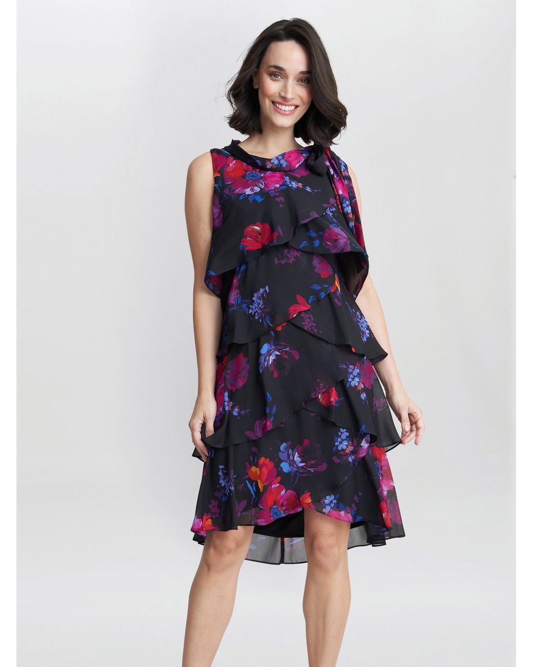 Gina Bacconi Blue Neesha Sleeveless Printed Tiered Dress With Tie Neck