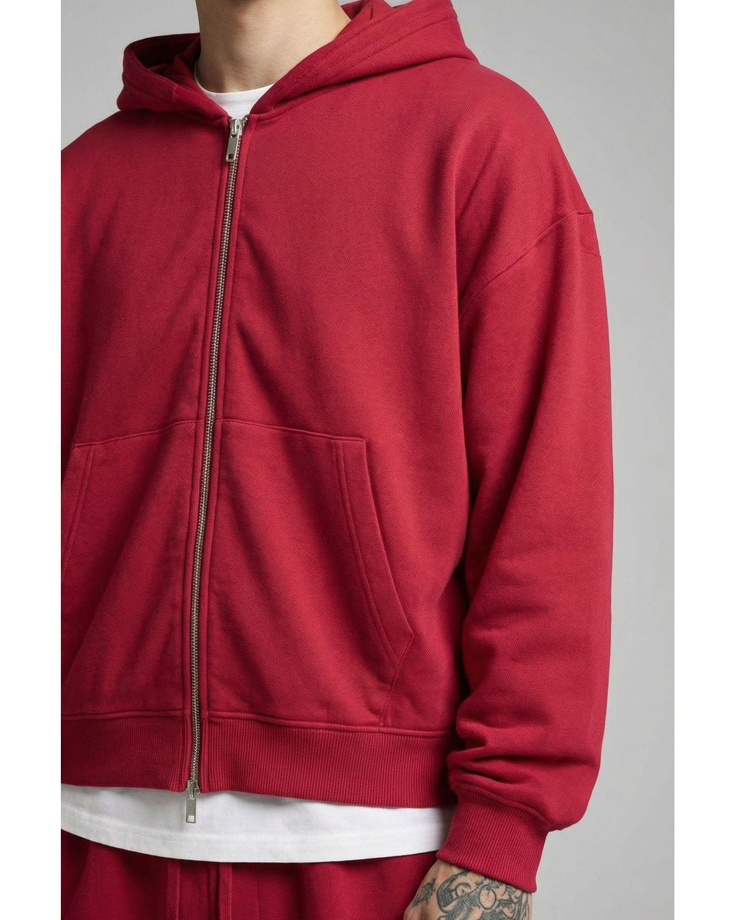 BoohooMAN Red Shrunken Fit Washed Loopback Dual Zip Hooded Tracksuit for men