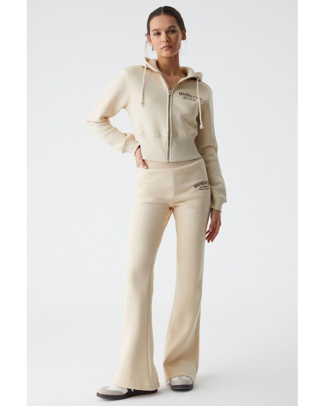 Grimelange Natural Crop Hooded Logo Zip Sweatshirt