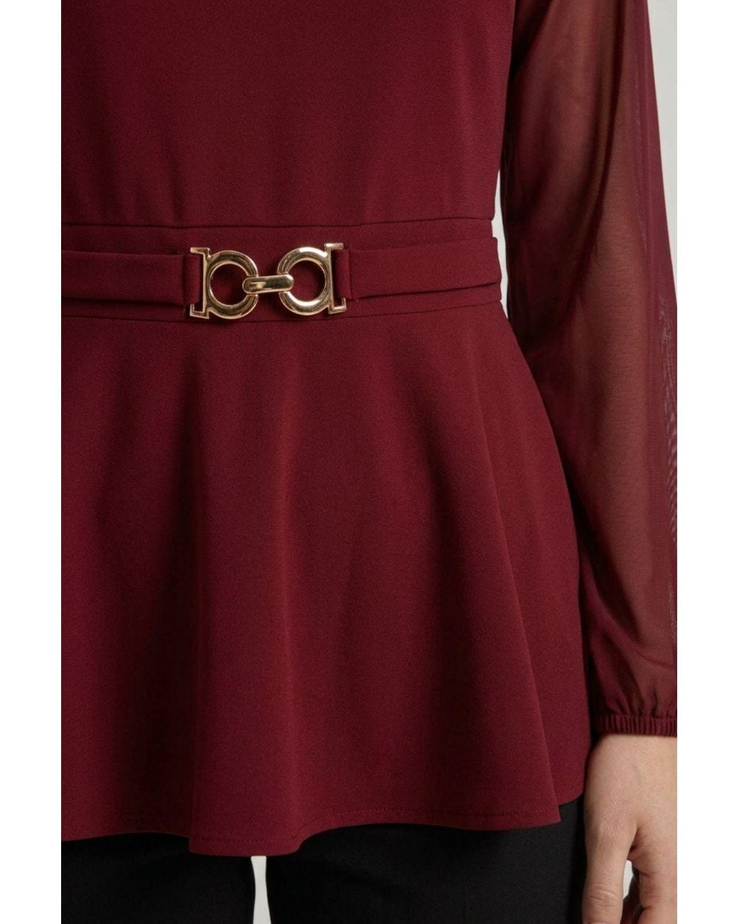 Izabel London Red Belt Detail Semi Sheer Peplum Top