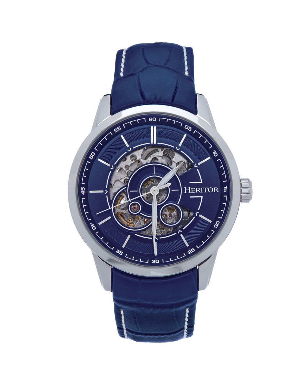 Heritor Blue Davies Semi-Skeleton Leather-Band Watch for men