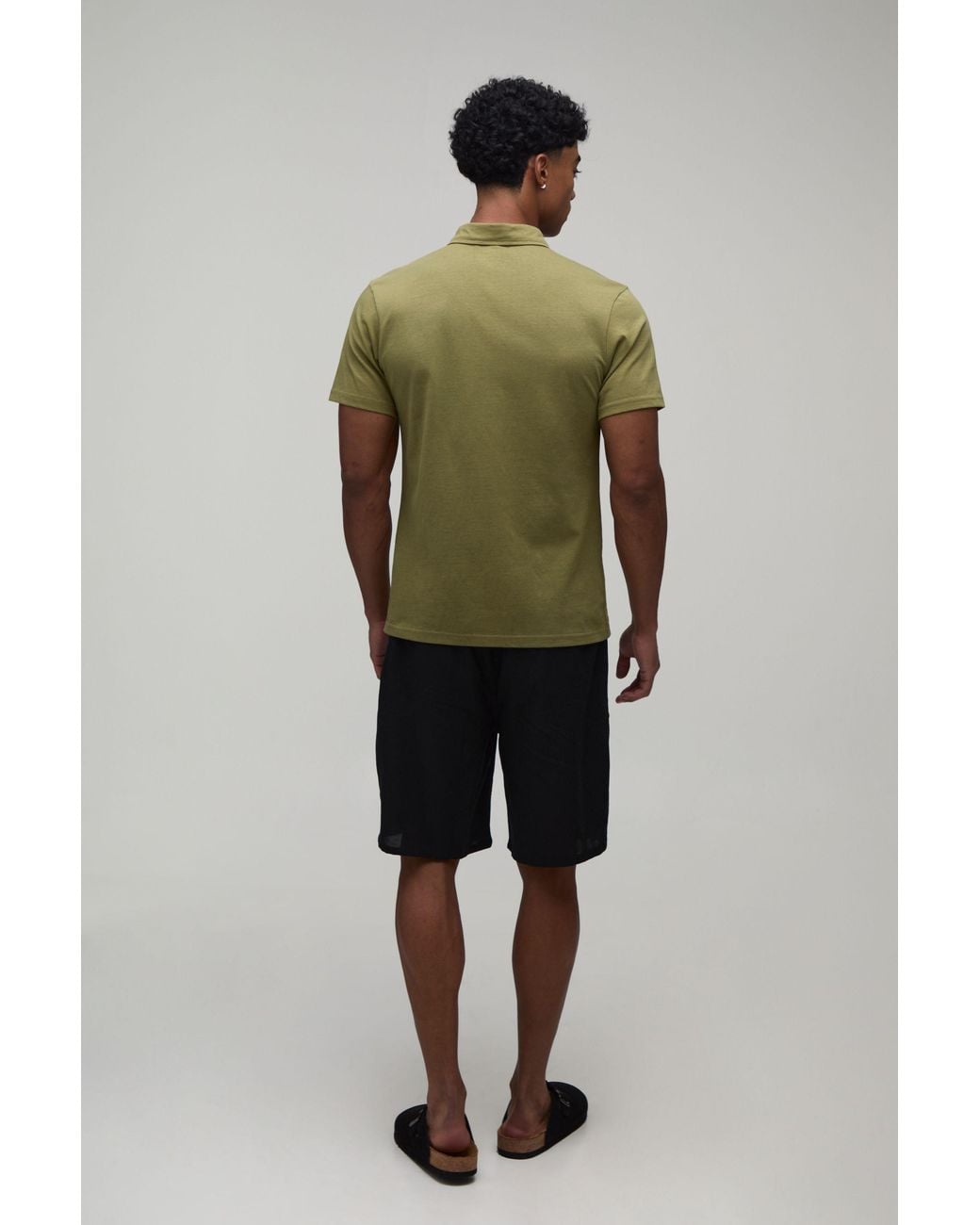 BoohooMAN Green Slim Fit Jersey Short Sleeve Revere Shirt for men