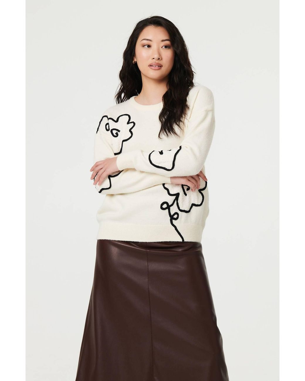 Izabel London Natural Floral Embroidered Long Sleeve Jumper