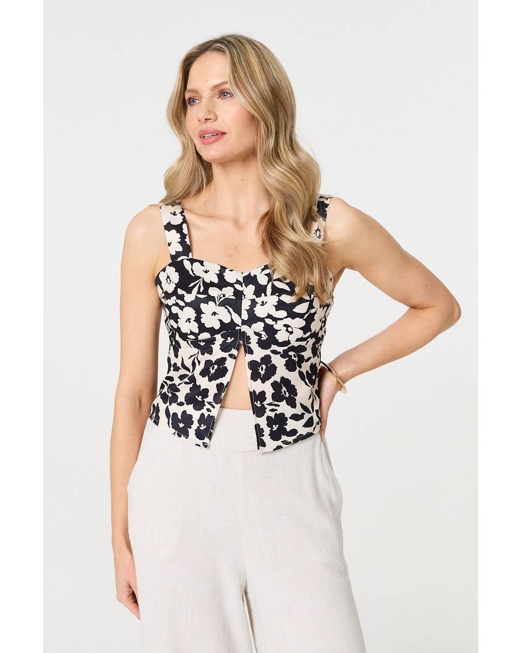 Izabel London White Floral Sleeveless Split Front Crop Top