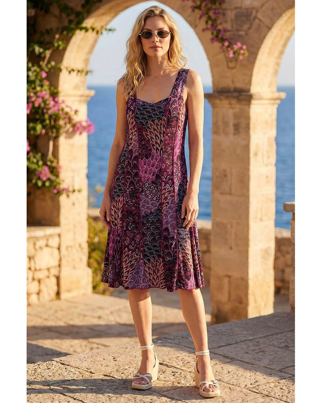 Roman Blue Peacock Print Panel Dress