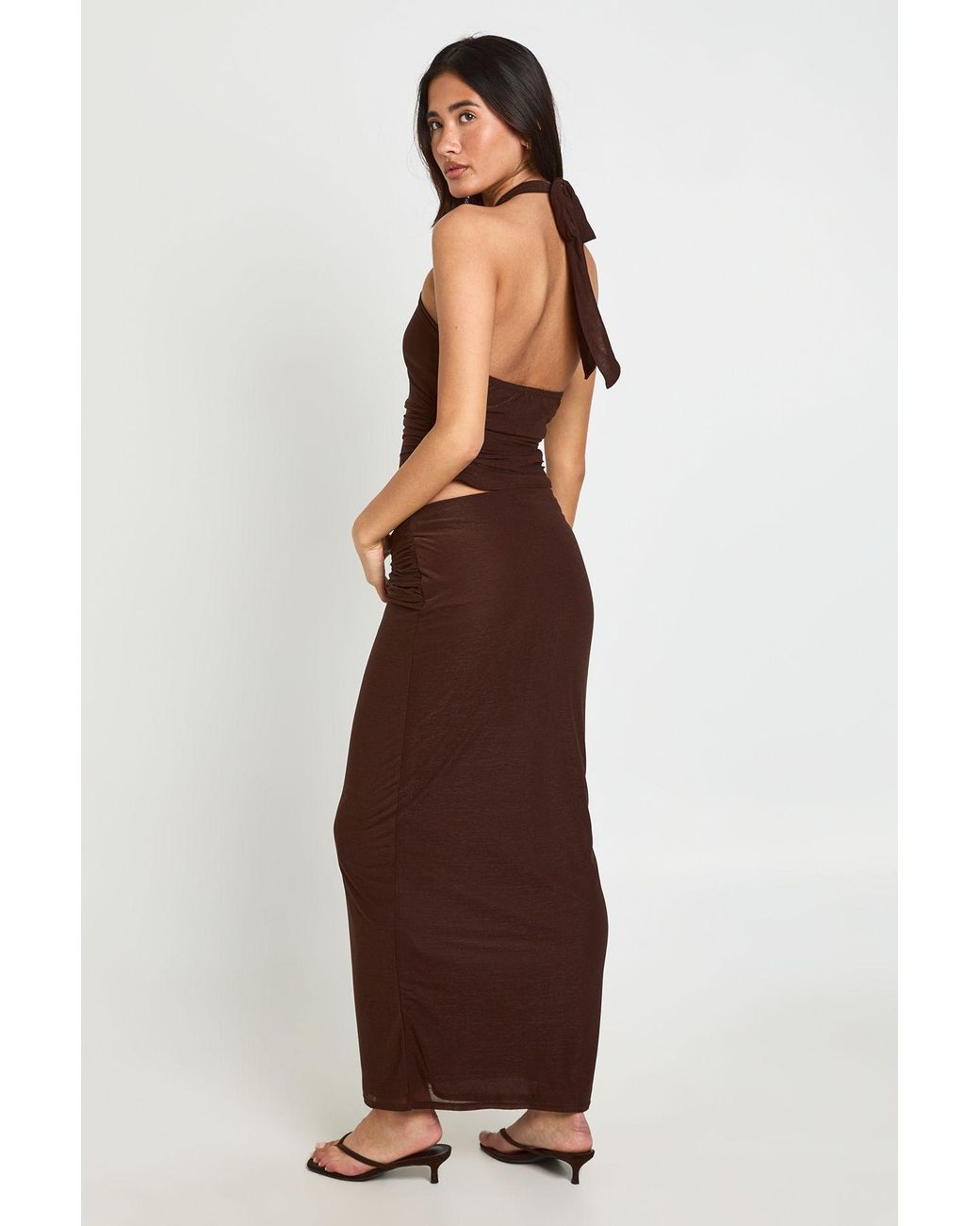 Boohoo Brown Sheer Ruched Belt Trim Detail Maxi Skirt