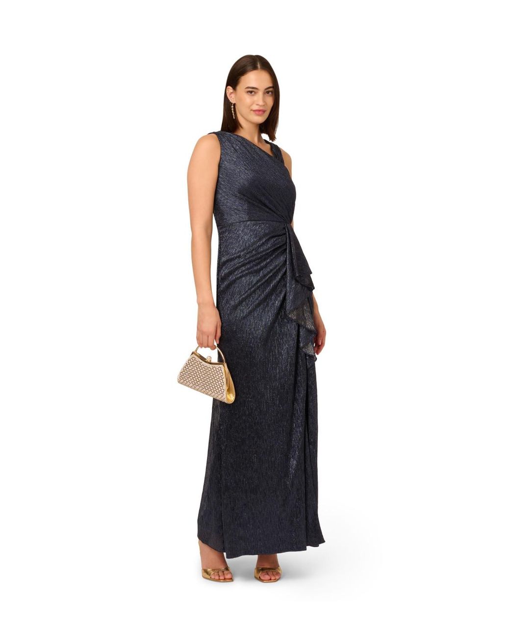Adrianna Papell Blue Metallic Foil Long Dress