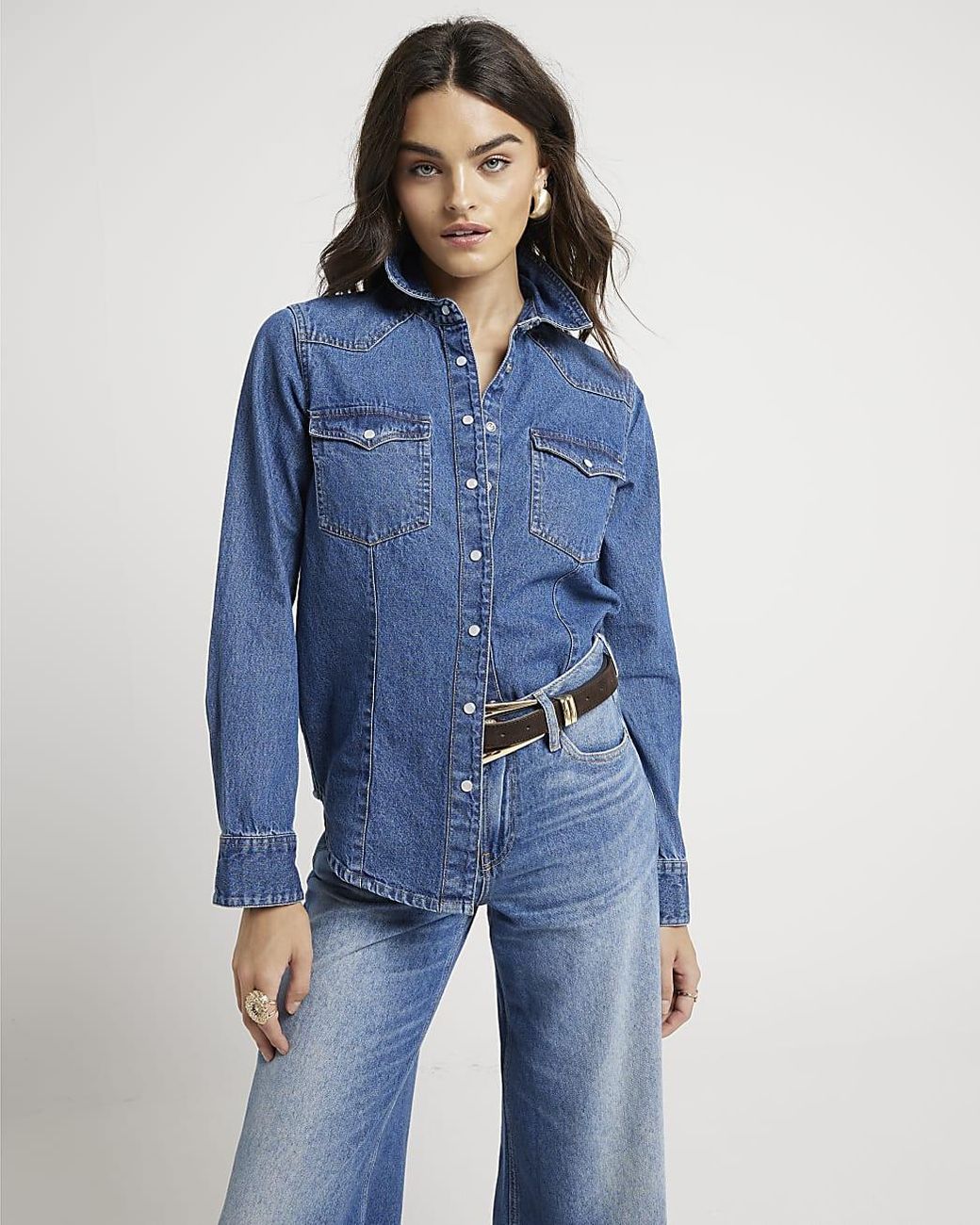 River Island Blue Western Shirt Denim Cotton