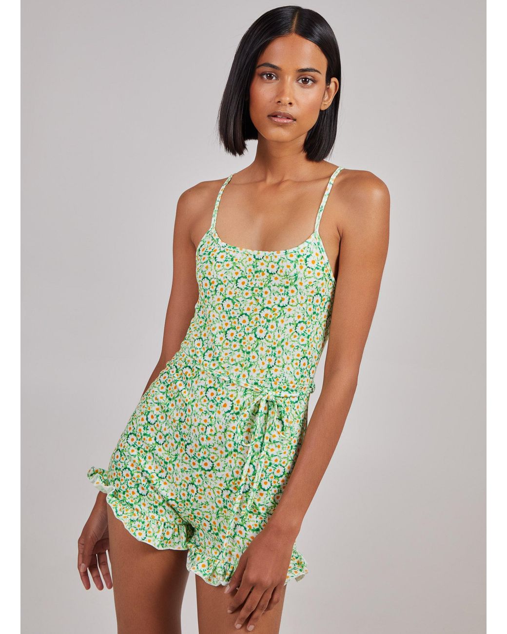 Pink Vanilla Green Daisy Print Playsuit With Tie