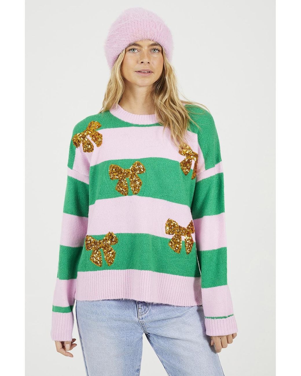 Brave Soul Green Sequin Bow Stripe Christmas Jumper