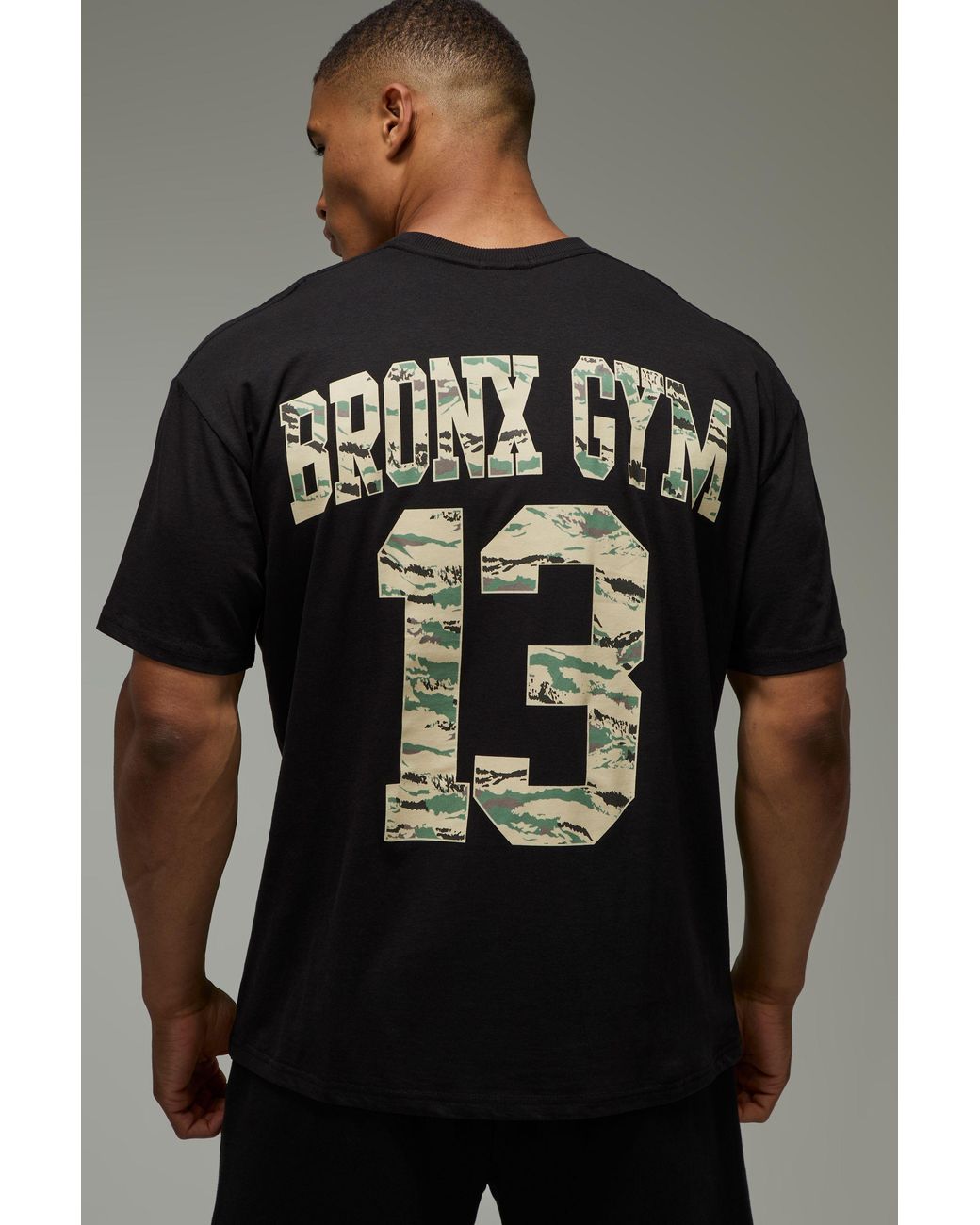 BoohooMAN Gray Active Camo Bronx Gym Varsity 13 Oversized T-Shirt for men